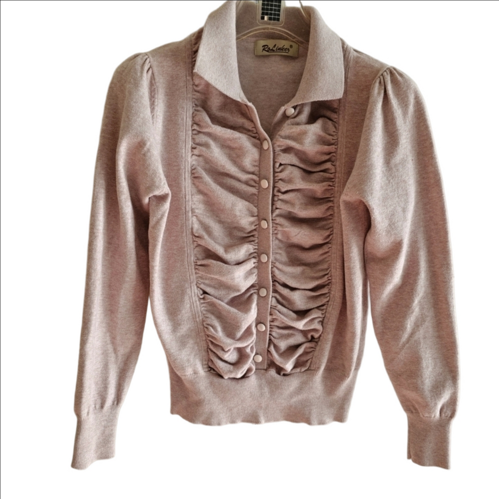 Blush Dust Rose Baby Pink Ruffle Button Down Cotton Sweater